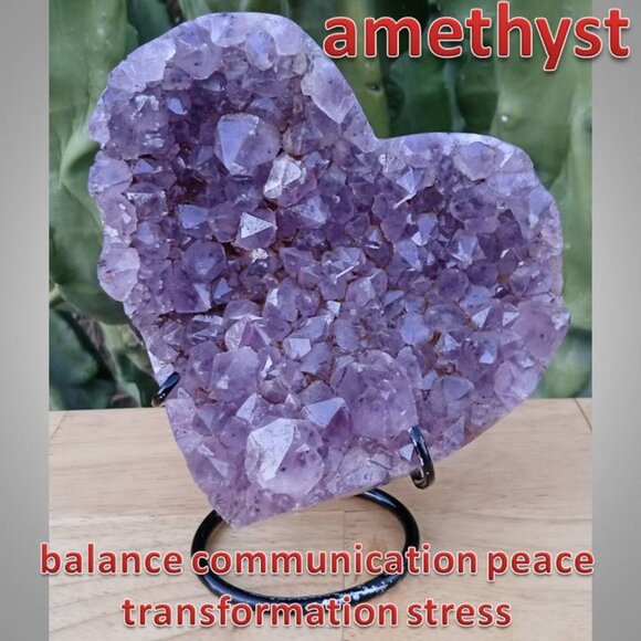 AMETHYST heart with stand stone crystal rock FEBRUARY birthstone STRESS 01 - Picture 1 of 9